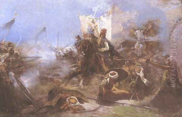 Zrinyis Charge on the Turks from the Fortress of Szigetvar 1896 Oil Painting by Simon Hollosy