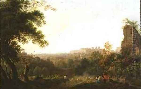 A view of Rome with peasants and ruins Oil Painting by Jakob Philippe Hackert