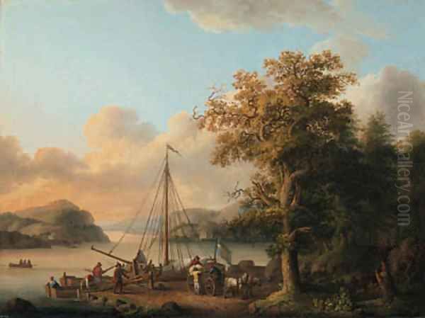 A Swedish river landscape with peasants unloading a boat Oil Painting by Jakob Philippe Hackert