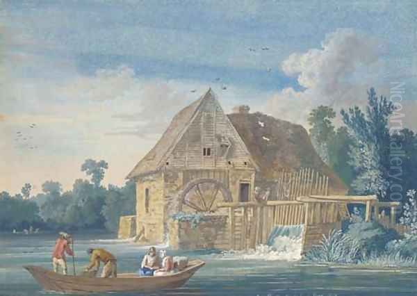 The water mill at Ivry with fishermen on a boat in the foreground Oil Painting by Jakob Philippe Hackert