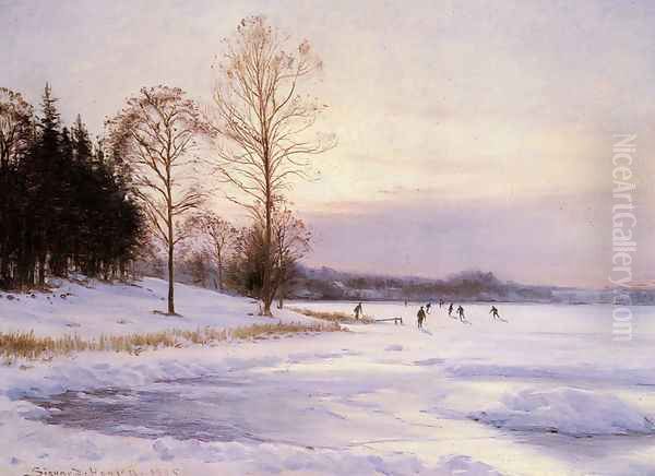 Skaters on A Frozen Pond Oil Painting by Sigvard Hansen