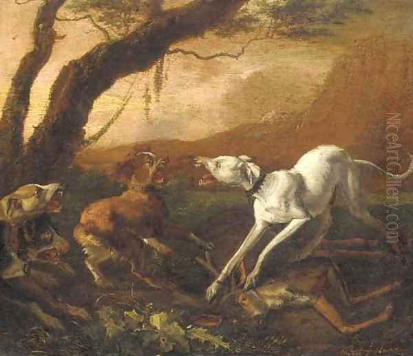 Dogs fighting ovar a dead stag in a landscape Oil Painting by Abraham Danielsz. Hondius