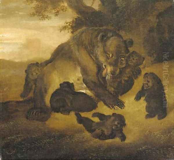 A bear with her cubs Oil Painting by Abraham Danielsz. Hondius