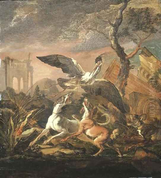 An evening landscape with dogs flushing a heron among Italianate ruins Oil Painting by Abraham Danielsz. Hondius