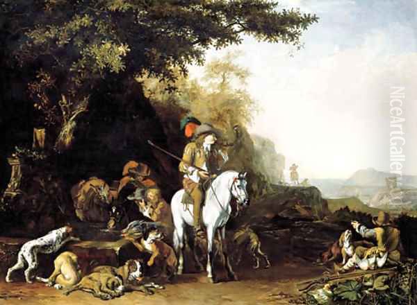 An extensive landscape with a hunting party resting by a water trough and a sportsman shooting Oil Painting by Abraham Danielsz. Hondius