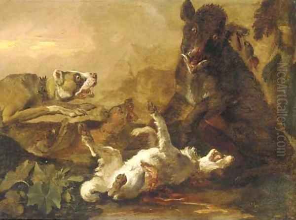 Dogs attacking a boar in a landscape Oil Painting by Abraham Danielsz. Hondius