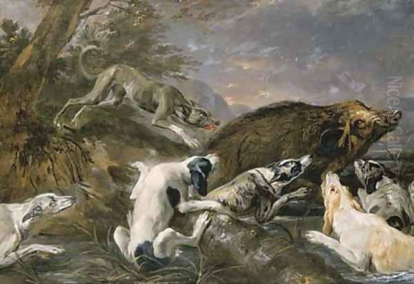 Hounds attacking a boar in a river landscape Oil Painting by Abraham Danielsz. Hondius