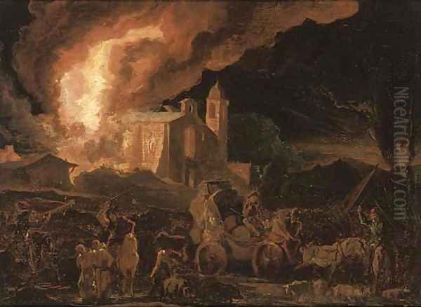 Soldiers sacking a burning monastry Oil Painting by Abraham Danielsz. Hondius