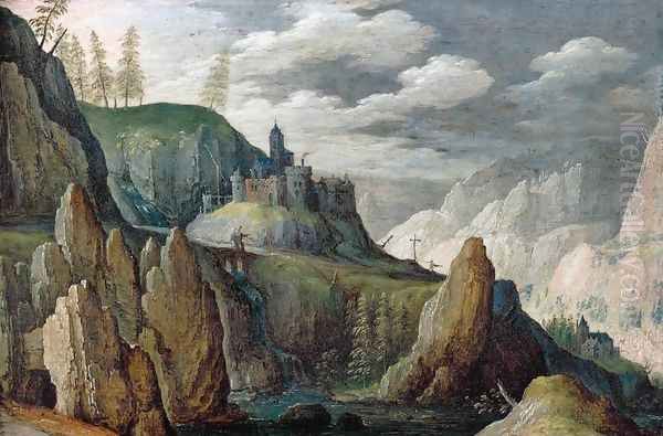 Mountainous Landscape Oil Painting by Tobias van Haecht (see Verhaecht)