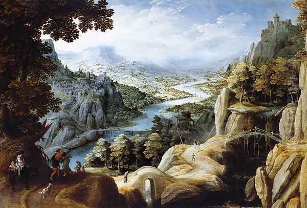 Mountainous River Landscape Oil Painting by Tobias van Haecht (see Verhaecht)