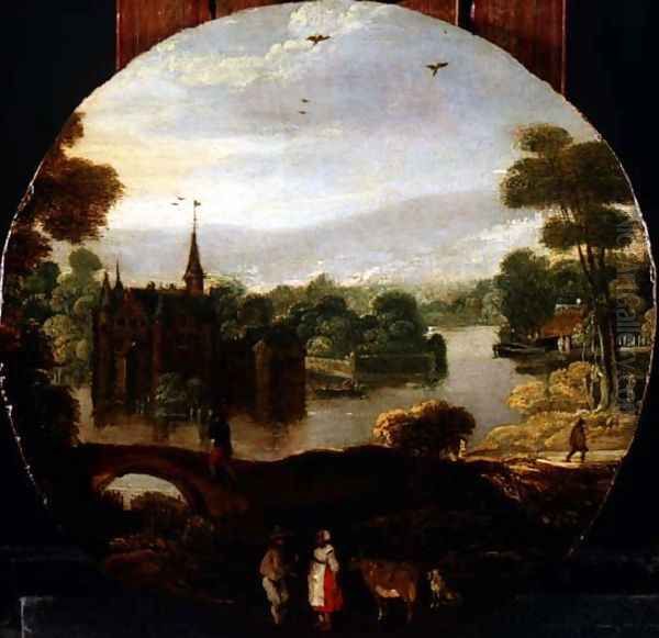 A wooded river landscape with a castle and travellers conversing Oil Painting by Tobias van Haecht (see Verhaecht)