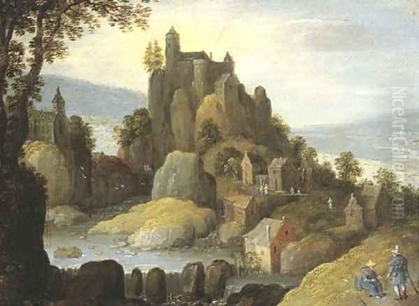 An Alpine river landscape with a clifftop castle and a village, two pilgrims in the foreground Oil Painting by Tobias van Haecht (see Verhaecht)