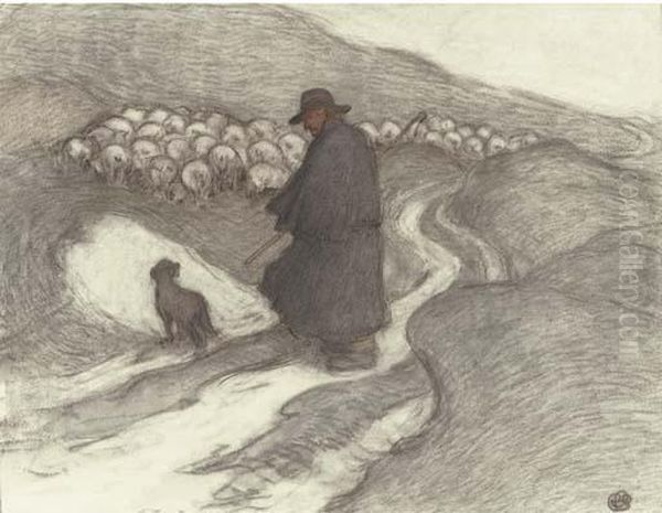 Shepherd And Flock On The Downs Oil Painting by Robert Polhill Bevan