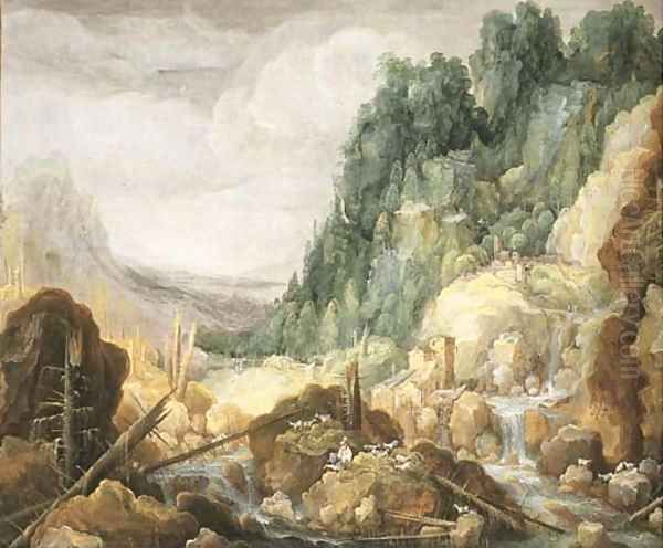 A mountainous river landscape with a goatherder resting on a rock, a watermill and a waterfall beyond Oil Painting by Tobias van Haecht (see Verhaecht)