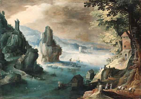 An estuary with travellers on a path before a house, a harbor beyond Oil Painting by Tobias van Haecht (see Verhaecht)