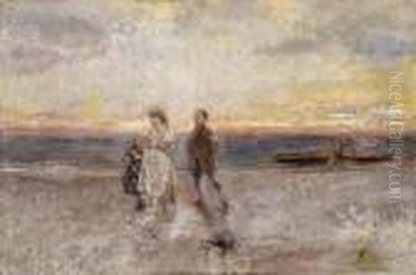 Chioggia, Figure Sulla Spiaggia Oil Painting by Mose Bianchi