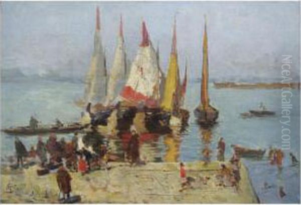 Sailing Boats On The Lagoon, Venice Oil Painting by Mose Bianchi