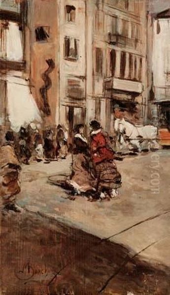 Veduta Milanese Con Tramvai A Cavalli - 1885-1890 Circa Oil Painting by Mose Bianchi