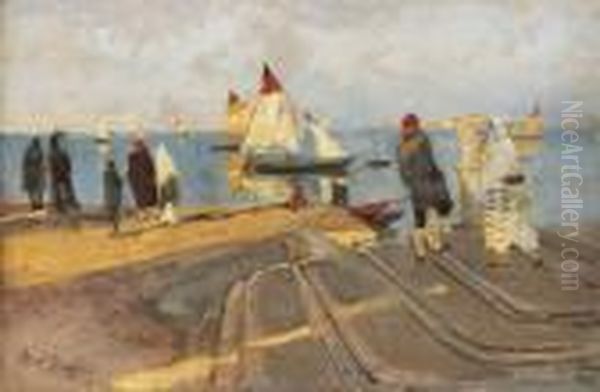 Figure Sul Molo. Chioggia Oil Painting by Mose Bianchi