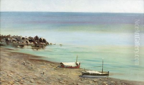 Sonnige Kustenpartie Mit Zwei Booten Auf Dem Strand. Oil Painting by Mose Bianchi