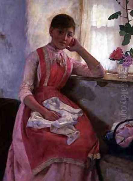 Portrait of a girl in a pink apron Oil Painting by Edwin Harris