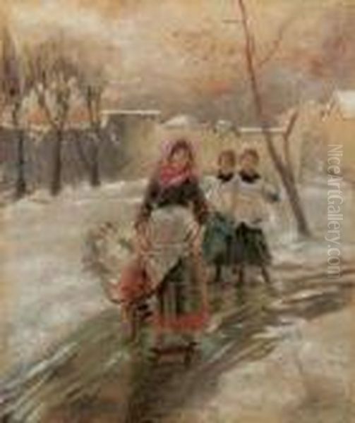 Figure Nella Neve, Monza Oil Painting by Mose Bianchi