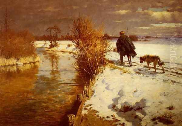 A Hunter In A Winter Landscape Oil Painting by Hermann Hartwick