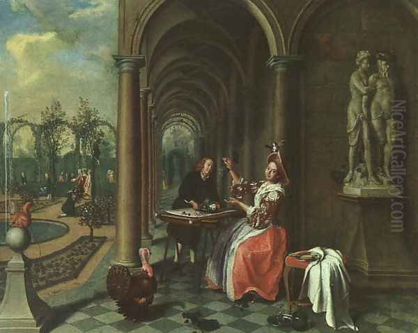 Garden with Figures on a Terrace 1735 Oil Painting by Jan Josef, the Elder Horemans