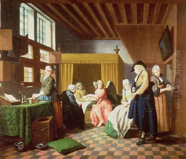 The Doctors Visits A Dutch Proverb The Doctor is Portrayed as an Angel Administering Aid to the Sick Man Oil Painting by Jan Josef, the Elder Horemans