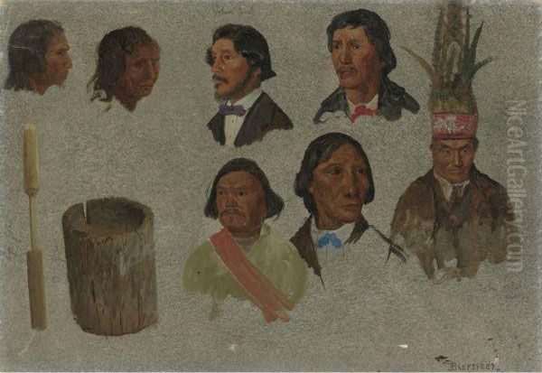 Seven Indian Portraits And One Primitive Utensil Oil Painting by Albert Bierstadt