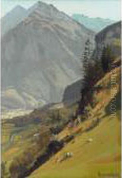 An Alpine Landscape Oil Painting by Albert Bierstadt