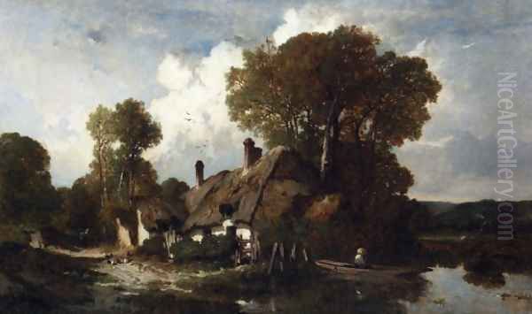 A Man in a Boat by a Cottage in a Wooded River Landscape Oil Painting by Louis Adolphe Hervier