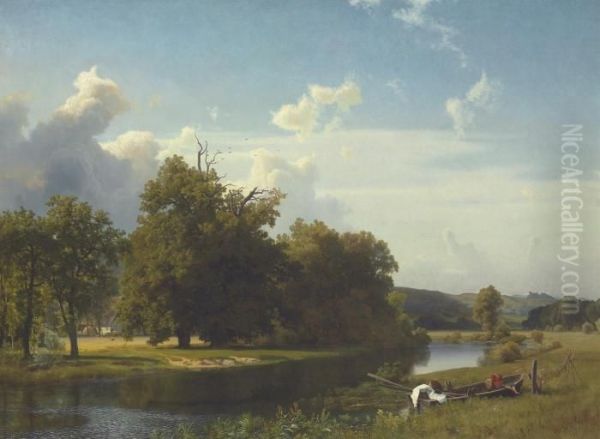 A River Landscape, Westphalia Oil Painting by Albert Bierstadt