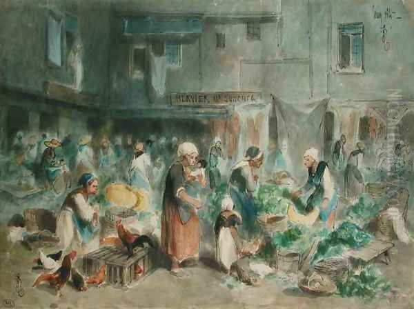 Market in the Town Square Oil Painting by Louis Adolphe Hervier