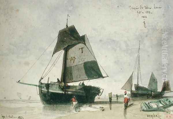 Two Fishing Boats Oil Painting by Louis Adolphe Hervier