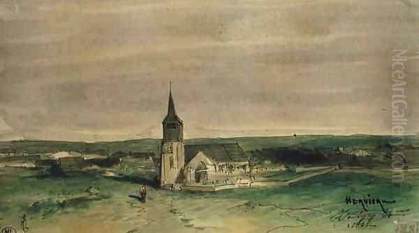 Church and Village in the Middle of a Field Montigny Oil Painting by Louis Adolphe Hervier