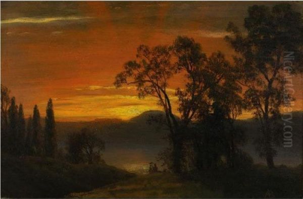 Sunset Over The River Oil Painting by Albert Bierstadt