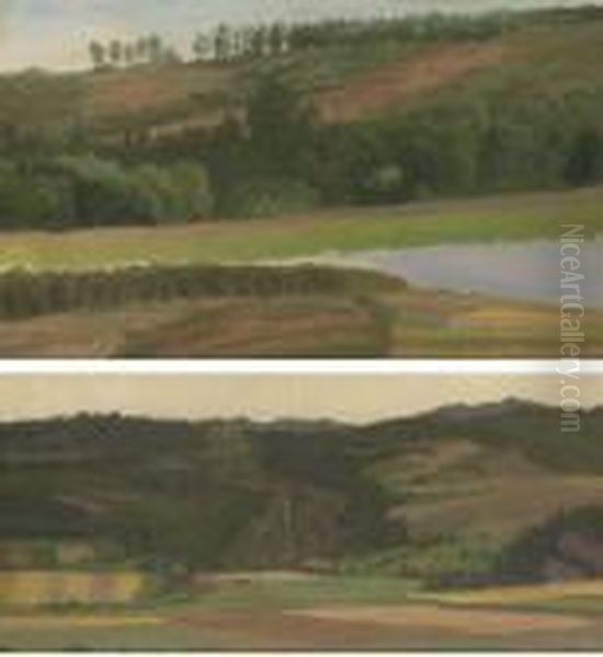 Landscape With Pond, Westphalia,
 Germany; And Fields And Valley, Westphalia, Germany: Two Works Oil Painting by Albert Bierstadt