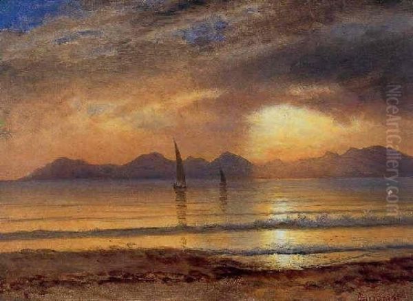 Sunset Over A Mountain Lake Oil Painting by Albert Bierstadt