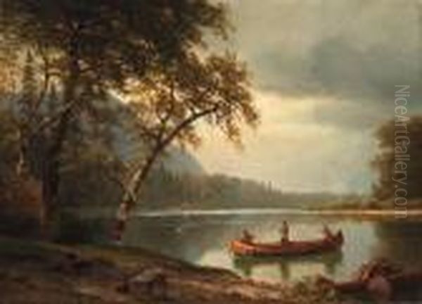 Salmon Fishing On The Cascapediac River Oil Painting by Albert Bierstadt