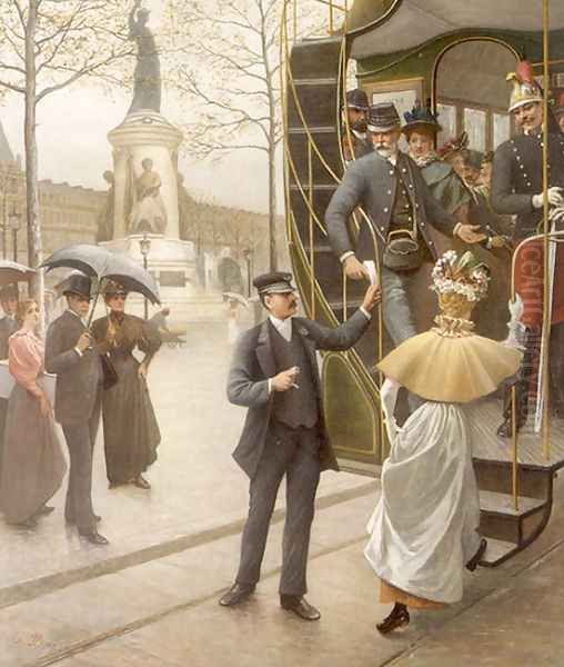 Catching the Trolley Oil Painting by Charles Borromee Antoine Houry