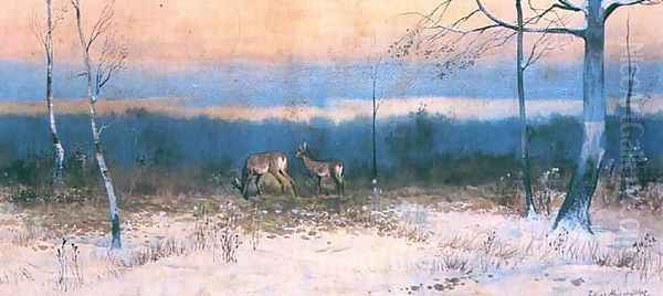 Deer in Clearing Oil Painting by Juliusz Holzmuller