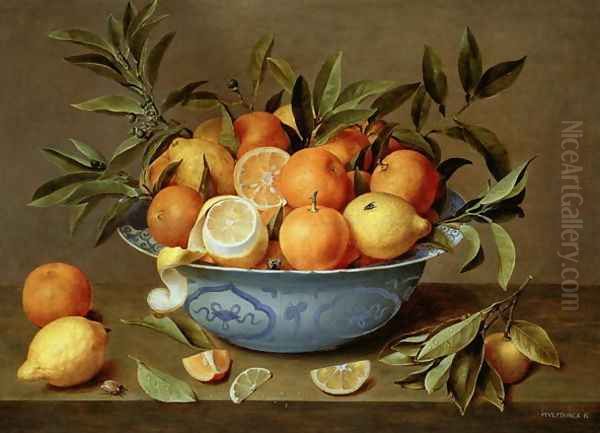 Still Life with Oranges and Lemons in a Wan Li Porcelain Dish Oil Painting by Jacob van Hulsdonck