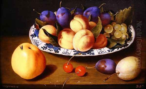 Still life of peaches and plums in a blue and white dish on a table top Oil Painting by Jacob van Hulsdonck