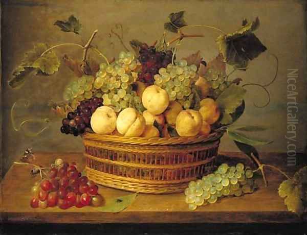 Grapes on the vine and peaches in a basket on a table, with a butterfly, beetle and fly on a wooden ledge Oil Painting by Jacob van Hulsdonck