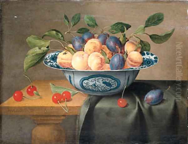 Plums and nectarines in a porcelain bowl with cherries on a partly draped table Oil Painting by Jacob van Hulsdonck