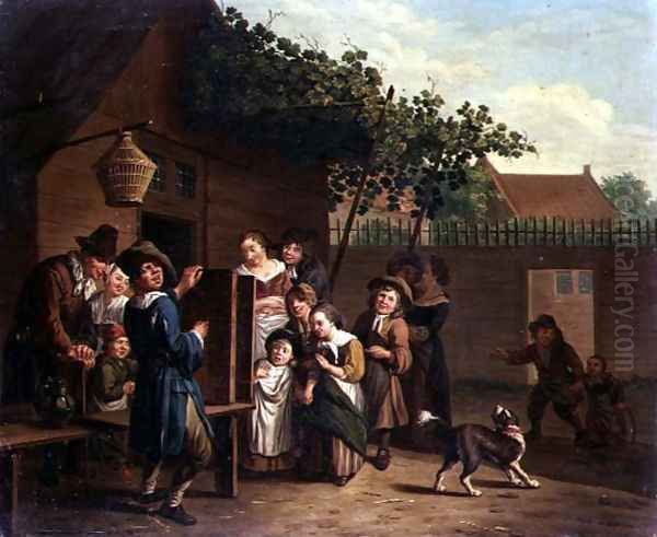 Children Watching a Peep Show in a Village Courtyard Oil Painting by Jan Jozef, the Younger Horemans