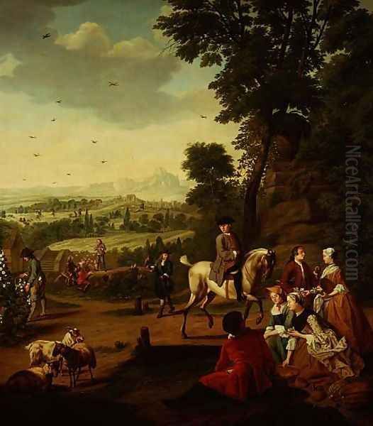 An elegant hawking party resting in a park Oil Painting by Jan Jozef, the Younger Horemans