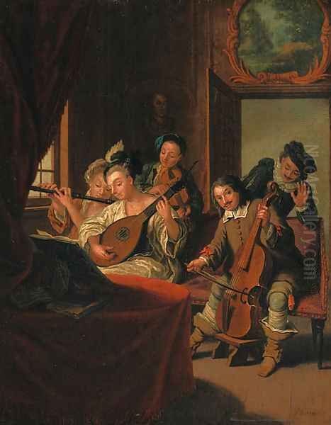 Elegant figures in historical costume, at a music recital Oil Painting by Jan Jozef, the Younger Horemans