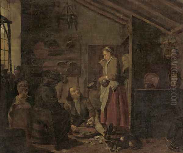 A gentleman eating oysters in a kitchen Oil Painting by Jan Jozef, the Younger Horemans